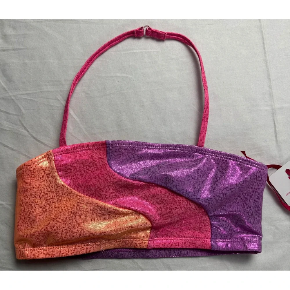 Justice Girls Pink Squiggle Colorblock Bikini Top Metallic Shimmer Size M 10 NEW